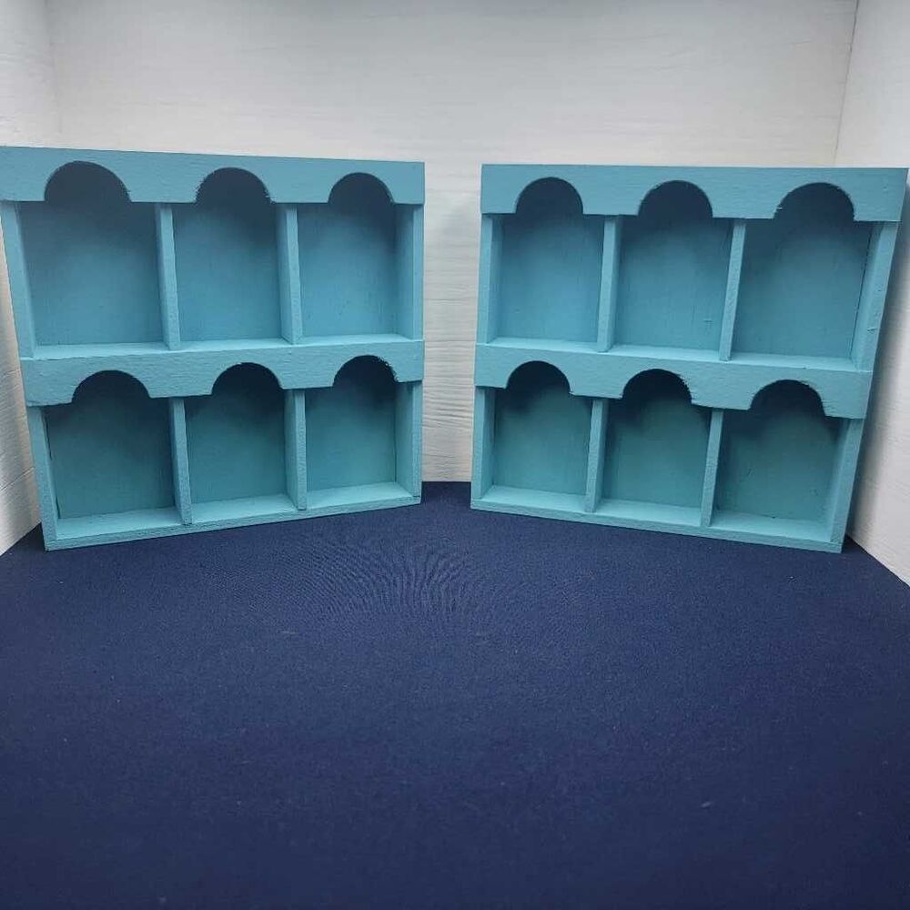 Teal Arched Cubby Shelves Pair 6 Compartment Wood Display Storage 8.25x8